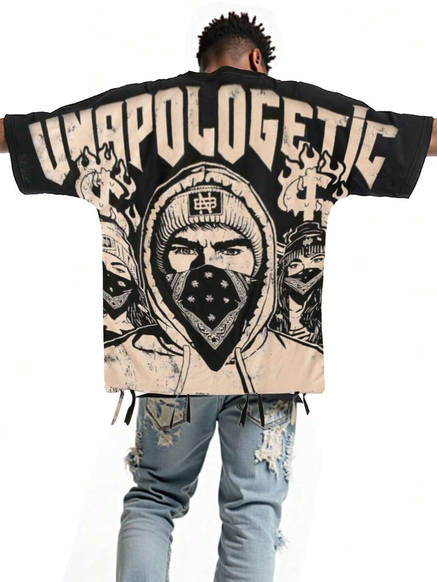 ROMWE MEN Men's Round Neck Short Sleeve Cartoon Character Print Distressed T-Shirt