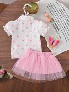 SHEIN 2pcs/Set Baby Girls Collared Puff Sleeve Heart Print Short Sleeve Blouse + Elastic Waist Mesh Tutu Skirt Cute Casual Outfit, Suitable For Spring/Summer Daily Outings Or Travel Skirt فستان دانتيل - Pink - View 9
