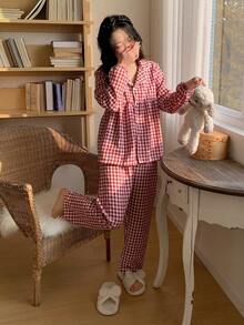 Teen GirlSimple & Elegant Red Plaid Long Sleeve Top And Pants Casual Comfortable 2 Pieces Pajama Set Valentine's Day Pajamas Women Set Red Pj Set Women