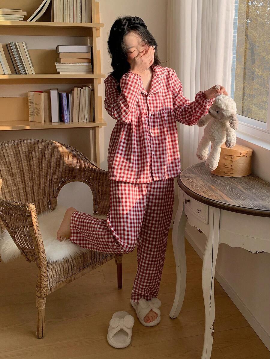 Teen GirlSimple & Elegant Red Plaid Long Sleeve Top And Pants Casual Comfortable 2 Pieces Pajama Set Valentine's Day Pajamas Women Set Red Pj Set Women
