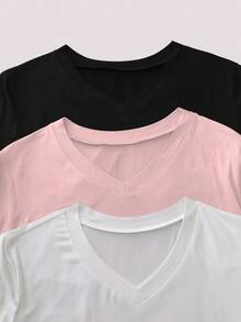 SHEIN 大码女式V领纯色休闲百搭日常通勤短袖T恤 - 粉色 - 查看 4
