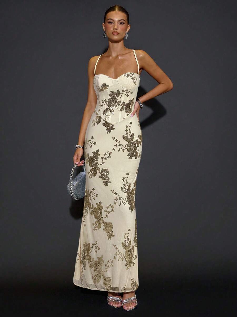 SHEIN BAE 女士优雅超长亮片刺绣吊带鱼尾连衣裙，黑色迷你派对礼服，适合鸡尾酒会、正式活动、晚宴、节日派对、万圣节、圣诞节等场合。 - 杏色 - 查看 1