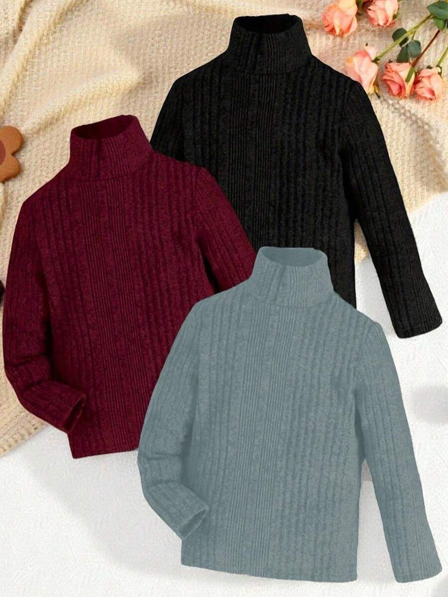 SHEIN 男童純色極簡日常高領長袖T恤 - 彩色 - 查看 1