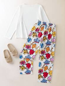 Mr Men Little Miss X SHEIN Conjunto de pijama de top de manga larga con cuello redondo y pantalones con estampado de letras y dibujos animados - Multicolor - Ver 6