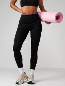 MISSGUIDED Legging Pinggang Tinggi dengan Karet Pinggang Kontras Panjang Penuh Elastis untuk Olahraga, Celana Ketat Kompresi Performa, Bawahan untuk Kebugaran, Lari, Yoga - Hitam - View 4