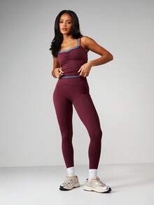 MISSGUIDED Burgundy Ruched Crop Tank Top And High Waisted Leggings Set With Blue Contrast Trim Athletic Co-Ord Outfit - Burgundy - View 4