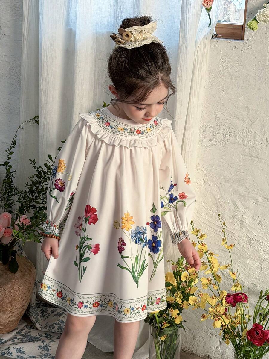 LMoss Kids 少女碎花荷叶边休闲连衣裙 - 彩色 - 查看 1