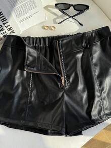 SHEIN EZwear Pantaloni scurți casual cu fermoar, culoare uni, mărime mare, pentru femei, super pantaloni scurți - Negru - Vizualizare 4