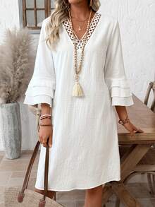 EMERY ROSE 女士休闲纯色喇叭袖短连衣裙 - 白色 - 查看 8