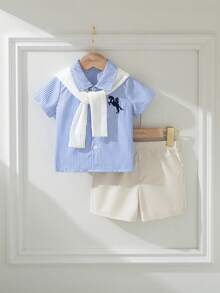 Souflis Souflis Set de 3 piezas de camisa de manga corta a rayas con cuello chal y pantalones cortos de cintura elástica para niño pequeño, versátil y cómodo, adecuado para ir a la escuela, casual, vacaciones, bodas y otras ocasiones, tallas de 6 meses a 3 años, ropa para niños, ropa para bebés, camisa para niños pequeños, pantalones cortos para niños pequeños - Multicolor - Ver 2