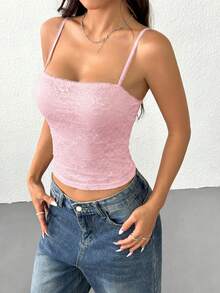 SHEIN EZwear 女士粉色蕾丝边吊带背心，情人节女士吊带背心 - 粉色 - 查看 5