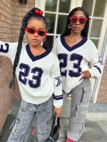 SHEIN Tween Girl Casual White Autumn School Back-To-School V-Neck Loose Knit Sweater,Comfortable Numeric Pattern Collegiate Style Mommy And Me Matching - Navy Blue - View 8