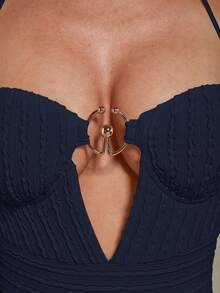 COSMINA 女士纯色金属装饰性感吊带连衣裙 - 藏蓝色 - 查看 7