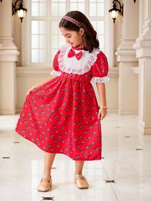 1 pieza Vestido de verano nuevo para niñas con estampado floral rojo, manga corta de globo, cuello de encaje blanco, cintura elástica, largo medio, estilo vintage de princesa - Rojo - Ver 7