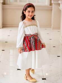 Young Girls White Splice Red Vintage Floral Mesh Midi Dress,Autumn Puff Sleeve Princess Dress - Multicolor - View 7