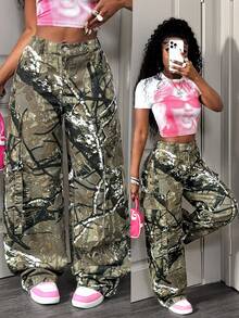 Slaydiva Women's Straight Leg Jeans, Loose Camouflage Straight Leg Trousers, Cargo Bag Trousers, Street Style, Everyday Wear, Y2K Trousers Babyphat Women Overalls Low Rise Jeans - Multicolor - View 2