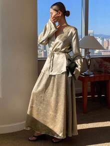 DAZY Women's Elegant Commuter Solid Color Shirt And Skirt 2 Pieces Set - Gold - View 2
