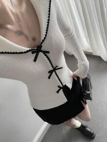 DAZY 女士黑白相间领口系带修身毛衣 - 黑與白 - 查看 3