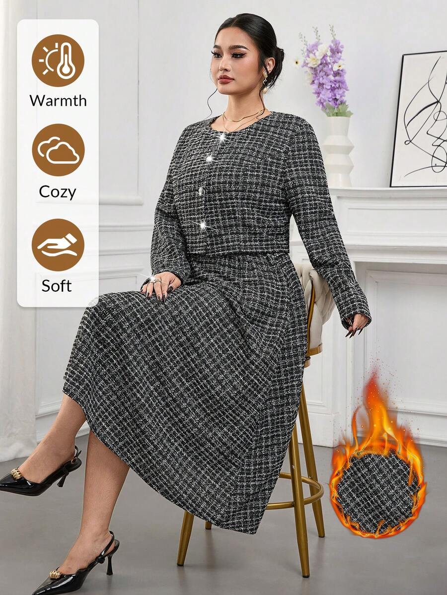 Modelyn Ensemble 2 pièces grande taille pour femmes : veste décontractée à manches longues avec boutons devant et jupe - Noir et Blanc - Voir 1