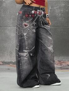 ROMWE EDITION Plus Size Women Loose Fit Chain Print Pocket Wide Leg Casual Jeans - Black - View 5