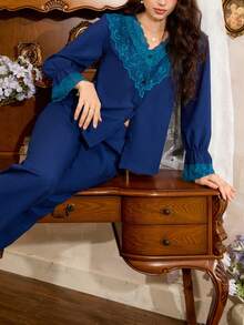 Côtesoire Valentine's Day French Romantic Elegant Lace Trim Flare Sleeve Wide Leg Women Pajama Set - Blue - View 6
