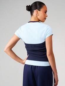 MISSGUIDED Áo thun ngắn tay cổ yếm xếp lớp, chất liệu gân, ôm sát, phối màu tương phản, thích hợp mặc mùa hè. - Nhiều màu - Xem 2