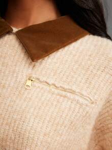 NYA SZN Elegant Beige Long Sleeve Collar Loose Zipper Pocket Detail Sweater,Back-To-School School Autumn Casual Loungewear Preppy Old Money Holiday Festive - Yellow - View 3