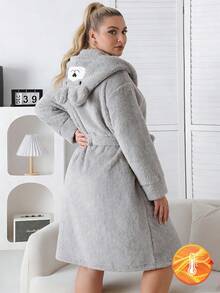 1pc Plus Size Women Gray Plush Hooded Robe With Bear Face And Ear Decor, Soft Knit Fabric With Embroidered Smiling Bear Face, Long Sleeve Full Length Jumpsuit Loungewear, Stretchy Knit Fabric Machine Washable Comfortable Fit Family Matching Outfits Mommy And Me (2 Sets Are Sold Separately), For Fall & Winter