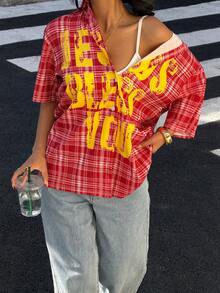 Muchica Women's Plaid & Letter Print Loose Fit Short Sleeve Shirt - Red - View 6