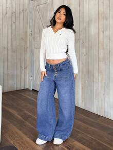 SHEIN PETITE Women's Pocket Button Casual Versatile Commuting Wide-Leg Jeans - Blue - View 5