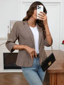 EMERY ROSE 女士休闲百搭通勤西装外套 春假春季西装女套装 - 卡其色 - 查看 6