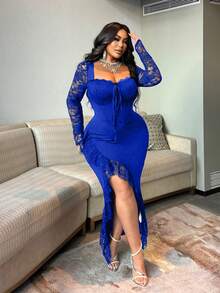 NU&NOW 大码女式纯蓝色心形领口蕾丝拼接系带性感优雅开衩长袖连衣裙，适合约会、通勤、派对、度假等场合。 - 寶藍色 - 查看 1