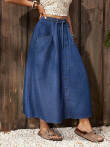 EMERY ROSE Chân váy midi denim dáng chữ A, thắt eo, có túi và cúc cài, dành cho nữ, kiểu dáng thường ngày. - Màu xanh lam - Xem 5