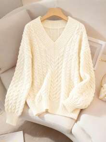 GlowEve CURVE 女士优雅纯色麻花针织宽松长袖加大码毛衣，适合外穿，秋冬季 - 杏色 - 查看 6