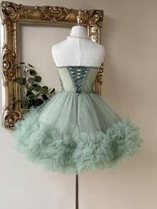 Lovelzi Elegant Luxurious Light Blue Crochet Lace & Satin Patchwork Handmade Embroidered Applique Waist Cutout Fitted Short Dress, Suitable For Dates, Singles Parties, Galas, Balls - Green - View 2