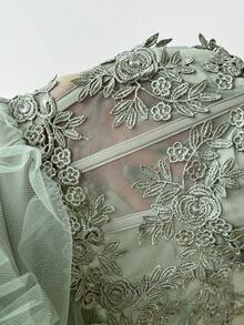 Lovelzi Elegant Luxurious Light Blue Crochet Lace & Satin Patchwork Handmade Embroidered Applique Waist Cutout Fitted Short Dress, Suitable For Dates, Singles Parties, Galas, Balls - Green - View 8