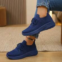 Mujer Zapatillas Deportivas De Tejido De Punto Texturizado Con Cordones Y Suela Gruesa Azul Marino - Azul Marino - Ver 5