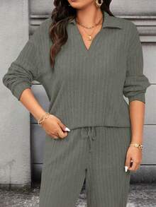 Calvaya Bộ 2 món áo thun dài tay trơn màu trễ vai cỡ lớn dành cho nữ - xanh quân đội - Xem 5