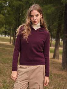 SHEIN In My Nature Women's Solid Color Regular Fit Raglan Sleeve Hooded Sweater - Coffee Brown - View 3