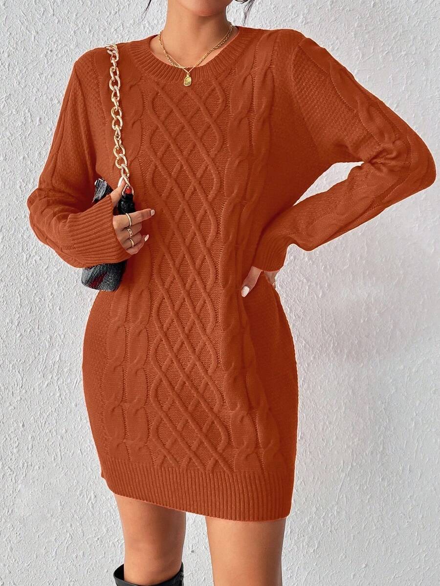 SHEIN LUNE Women's Twist Knit Sweater Dress For New Year Clothes - Coral Orange - View 1