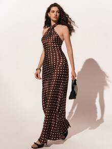 Poéselle 女士波点印花优雅交叉吊带连衣裙 - 棕色 - 查看 1