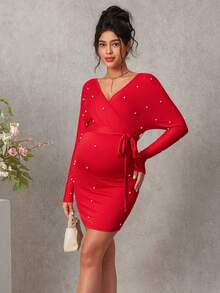 Momance Maternity Dress With Long Sleeves, V-Neck, Crossover Waistband, Pearl Embellished - Red - View 3