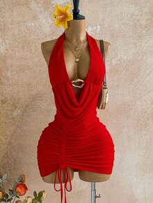 Soleia Đầm ngắn hở lưng phối khóa kim loại màu trơn gợi cảm, dây rút, thắt nút xếp ly, phong cách nghỉ dưỡng tối giản cho nữ, mùa hè - Đỏ - Xem 1