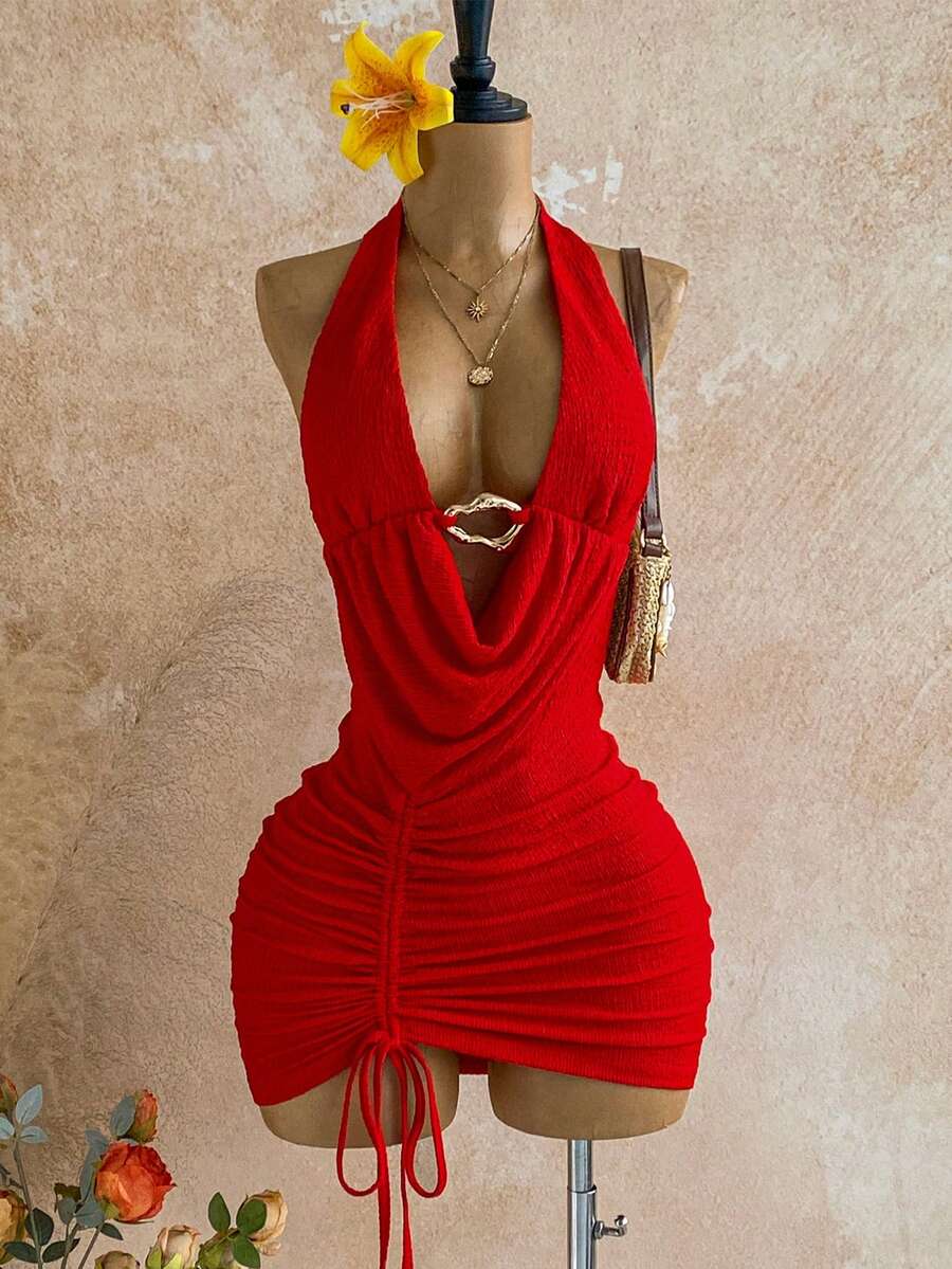 Soleia Đầm ngắn hở lưng phối khóa kim loại màu trơn gợi cảm, dây rút, thắt nút xếp ly, phong cách nghỉ dưỡng tối giản cho nữ, mùa hè - Đỏ - Xem 1