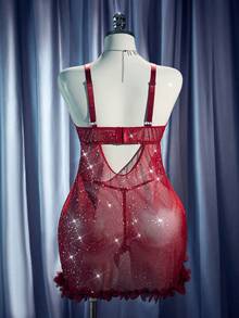 MidnightGlam Große Größen Sexy Dessous Set: Metallic Netz Kontrast Spitze Babydoll Kleid + String, für Valentinstag - Bordeaux - Übersicht 8