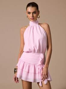 SHEIN BAE 无袖荷叶边下摆纯色迷你连衣裙，优雅甜美可爱修身款，适合浪漫约会、派对、正式聚会、伴娘礼服、夏季连衣裙、下午茶会连衣裙、新年、情人节、生日迷你连衣裙，粉色连衣裙 - 淺粉色 - 查看 1