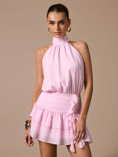 SHEIN BAE Sleeveless Ruffle Hem Solid Color Mini Sundress, Elegant Sweet Cute Fit Dress, Suitable For Romantic Dates, Parties, Formal Gatherings, Bridesmaid Dresses, Summer Dresses, Tea Party Dresses, New Year, Valentine's Day, Birthday Mini Dress, Pink Dress