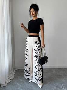 Pariaura Quần ống rộng in họa tiết hoa phối màu tương phản thanh lịch dành cho người đi làm. - Màu be - Xem 4