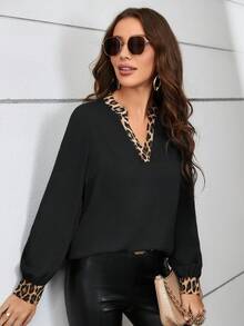 Editum Áo cánh cổ khoét họa tiết da báo, áo cánh tay dài khoét họa tiết thường ngày màu đen đơn giản cho nữ, mùa xuân/thu, trang phục thường ngày - màu đen - Xem 5