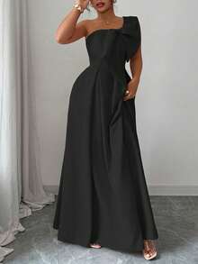 Elenzga 大码女士不对称肩部优雅浪漫派对连衣裙，配有加大码蝴蝶结腰带A字裙摆，适合派对、婚礼宾客、伴娘、秋冬季穿着。 - 黑色 - 查看 4